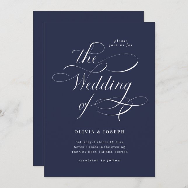 Elegante Kalligrafie| Blaue Hochzeit der Marine Einladung (Vorne/Hinten)