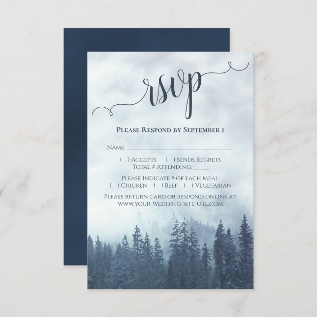 Elegante Kalligrafie Blaue Pinien Hochzeit RSVP Karte (Vorne/Hinten)