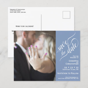 Elegante Kalligrafie Blue Wedding Save the Date Ankündigungspostkarte