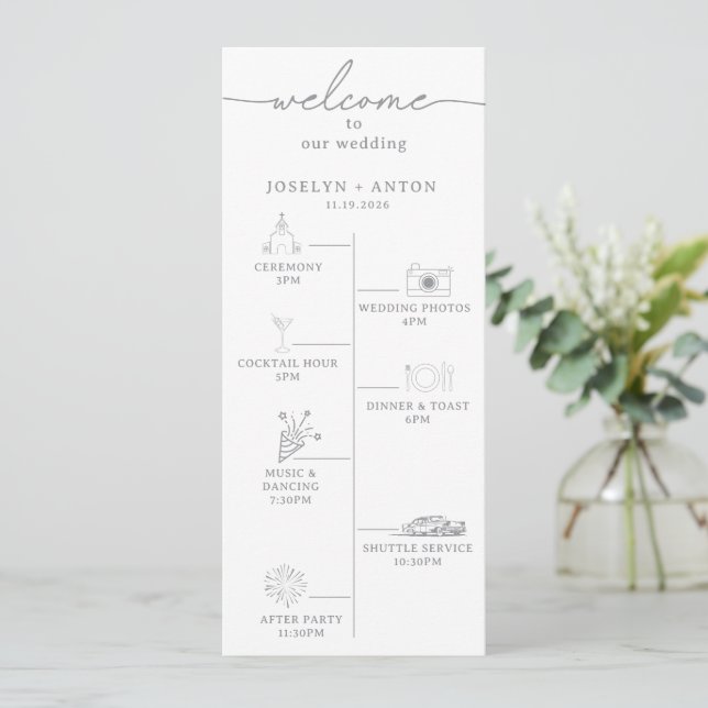 Elegante Kalligrafie Chic Grau Zeitstrahl Hochzeit Programm (Stehend Vorderseite)
