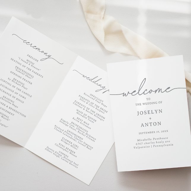 Elegante Kalligrafie Chic Graue Gefaltete Hochzeit Programm (Von Creator hochgeladen)