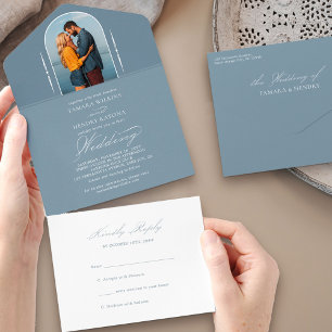 Elegante Kalligrafie Dusty Blue Foto RSVP Hochzeit All In One Einladung