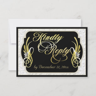 Elegante Kalligrafie & Faux-Prägung - Gold/Schwarz RSVP Karte