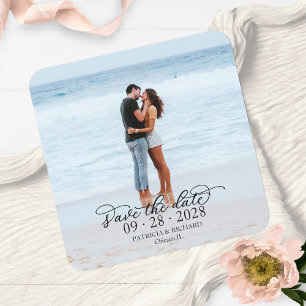 Elegante Kalligrafie-Foto-Hochzeit Merken Sie sich Rechteckiger Pappuntersetzer