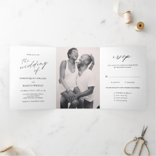 Elegante Kalligrafie-Foto-Moderne Hochzeit Dreifach Gefaltete Einladung