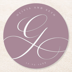 Elegante Kalligrafie “G” Staub-Lilac-Hochzeit Runder Pappuntersetzer