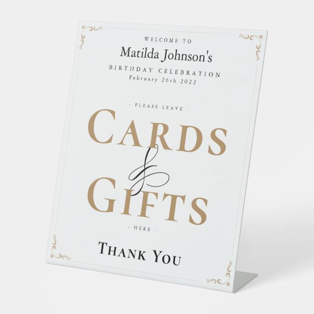 Elegante Kalligrafie Geburtstag Weißer Gold Vintag Sockelschild (Vorderseite)