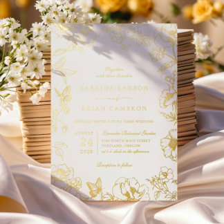 Elegante Kalligrafie Gold Blumen Garten Hochzeit Folieneinladung