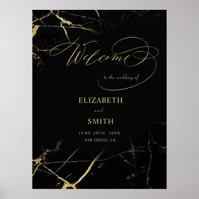 Elegante Kalligrafie Golden Veined Marmorhochzeit Poster (Vorne)