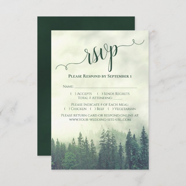 Elegante Kalligrafie Grüne Bergkiefern Hochzeit RSVP Karte (Vorne/Hinten)