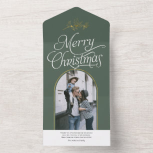 Elegante Kalligrafie grüne Weihnachtsfotokarte All In One Einladung