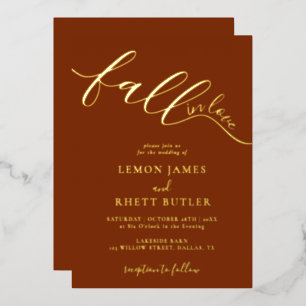 Elegante Kalligrafie Hochzeit Fall in Liebe Gold Folieneinladung