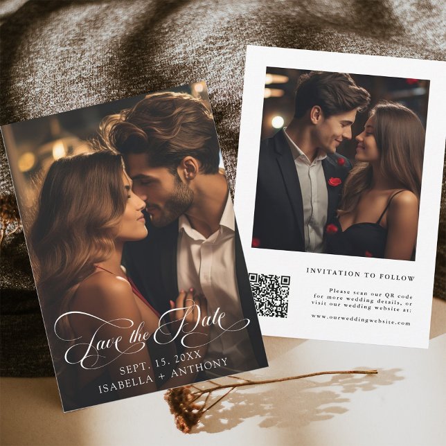 Elegante Kalligrafie-HochzeitQR-Code Save The Date (Front & Back)