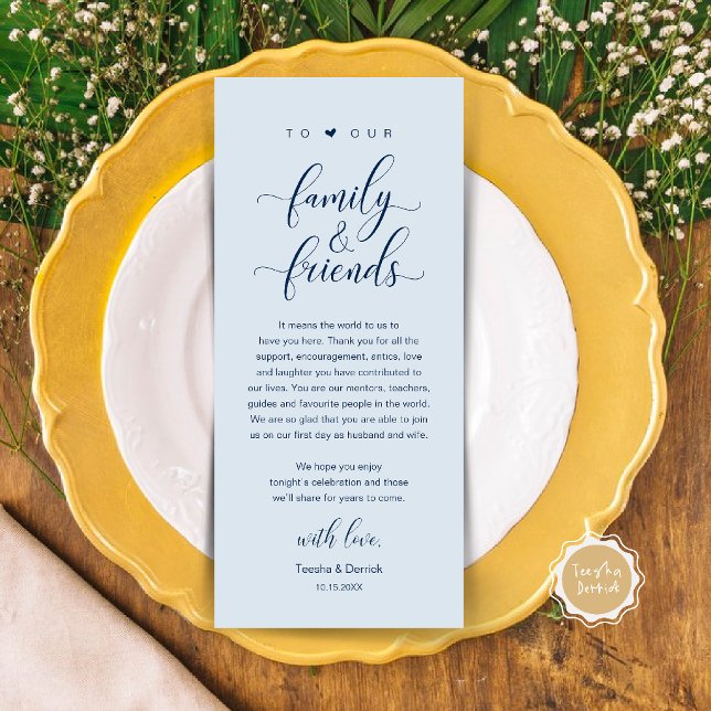 Elegante Kalligrafie-Hochzeits-Dankeschön-Tischkar Programm (Elegant Calligraphy Wedding Dinner Bridal Shower Thank You Table Card in Misty Blue)