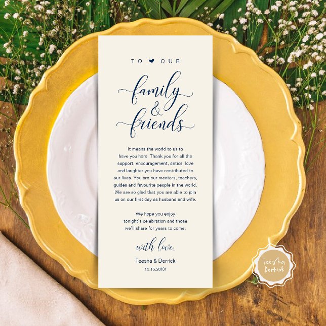 Elegante Kalligrafie-Hochzeits-Dankeschön-Tischkar Programm (Elegant Calligraphy Wedding Dinner Bridal Shower Thank You Table Card in navy Blue and Ivory)