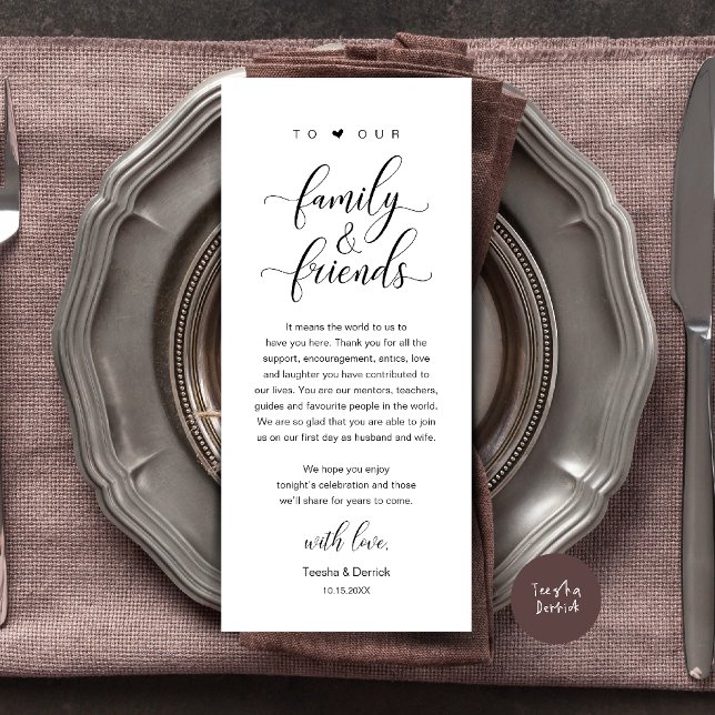 Elegante Kalligrafie-Hochzeits-Dankeschön-Tischkar Programm (Elegant Calligraphy Wedding Dinner Bridal Shower Thank You Table Card in Black and White)
