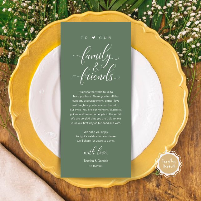 Elegante Kalligrafie-Hochzeits-Dankeschön-Tischkar Programm (Elegant Calligraphy Wedding Dinner Bridal Shower Thank You Table Card in Sage Green)