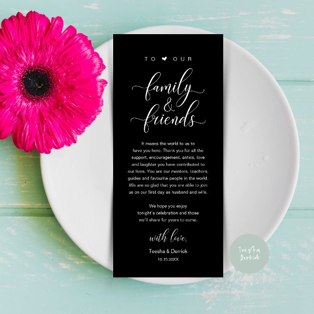 Elegante Kalligrafie-Hochzeits-Dankeschön-Tischkar Programm (Elegant Calligraphy Wedding Dinner Bridal Shower Thank You Table Card in Classy Black)