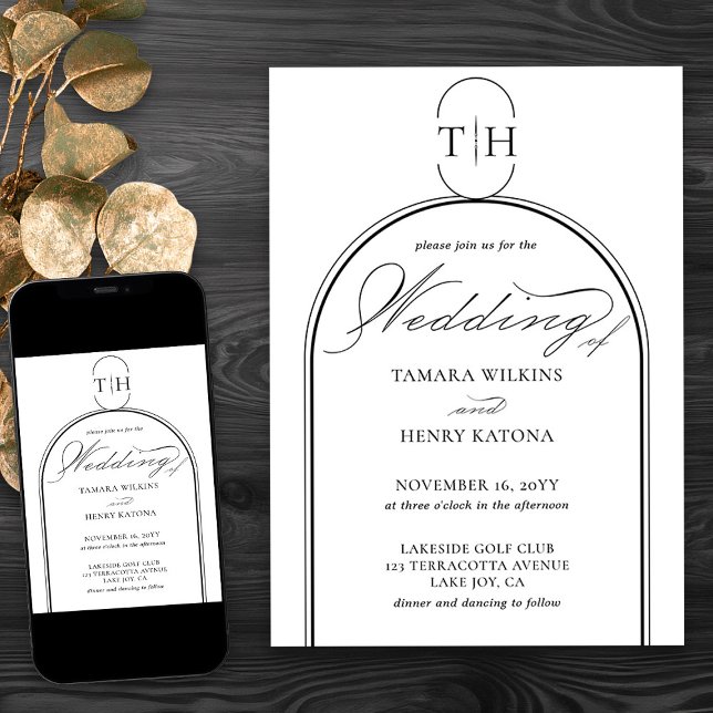 Elegante Kalligrafie Mit Monogramm White Wedding Einladung (Elegant monogrammed wedding invitation in black and white from my Wedding Colors Collection)