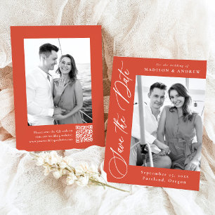 Elegante Kalligrafie Orange Foto QR-Code Hochzeit Save The Date