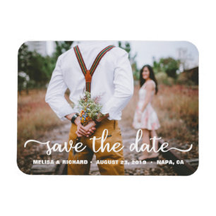 Elegante Kalligrafie Paar Foto Save The Date Magnet