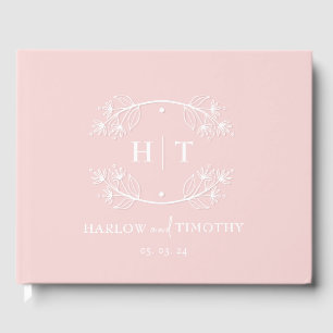 Elegante Kalligrafie Pink White Monogram Wedding Gästebuch