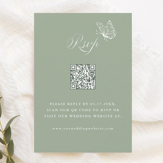 Elegante Kalligrafie Sage Green Hochzeits-QR-Code RSVP Karte (Von Creator hochgeladen)