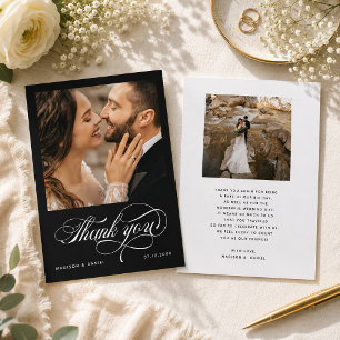 Elegante Kalligrafie-Schrift Foto-Hochzeit Schwarz Dankeskarte