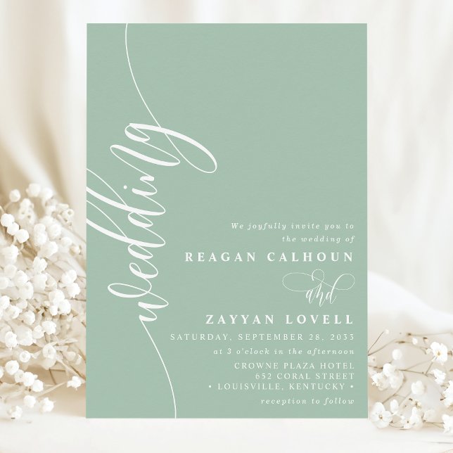 Elegante Kalligrafie-Schrift Hochzeit in Dusty Min Einladung (Von Creator hochgeladen)