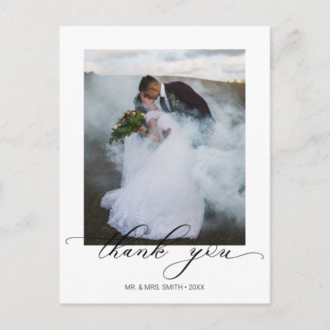 Elegante Kalligrafie-Schrift Hochzeitsfoto Danke Postkarte (Vorderseite)