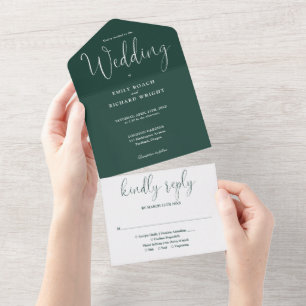 Elegante Kalligrafie-Schrift Smaragdgrüne Hochzeit All In One Einladung