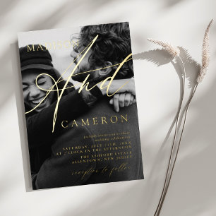 Elegante Kalligrafie-Schriftfoto-Hochzeit Gold Folieneinladung