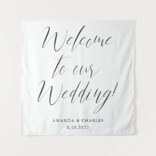Elegante Kalligrafie Schwarz-weiß Wedding Willkomm Wandteppich