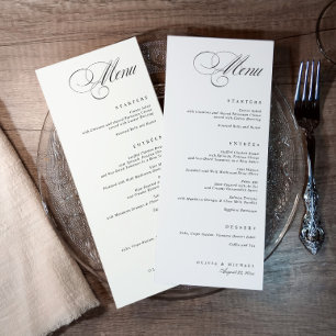 Elegante Kalligrafie Schwarz-Weiße Hochzeit Menükarte