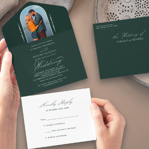 Elegante Kalligrafie Smaragdgrüne Foto-RSVP-Hochze All In One Einladung
