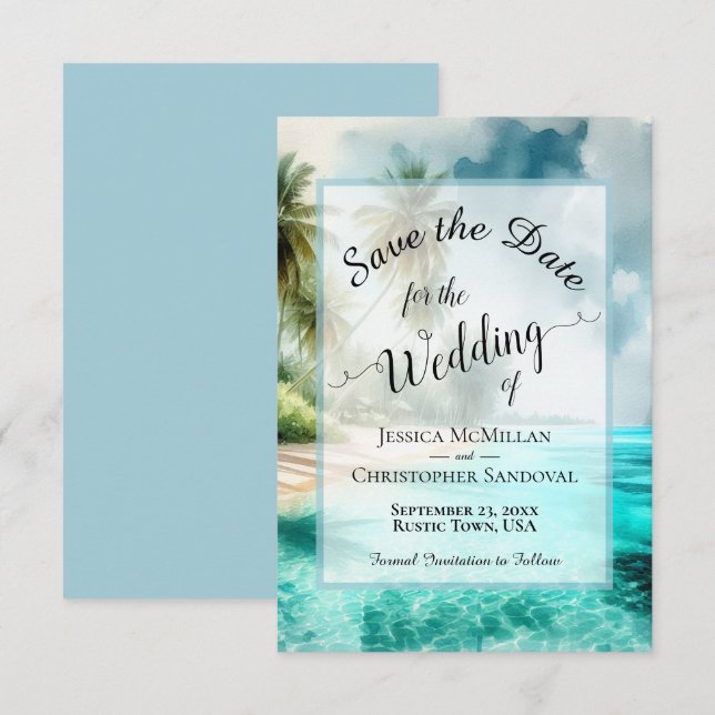 Elegante Kalligrafie Tropische Strandhochzeit Save The Date (Vorne/Hinten)