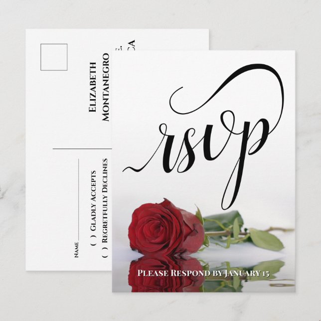 Elegante Kalligrafie und Rote Rose Wedding RSVP Postkarte (Vorne/Hinten)
