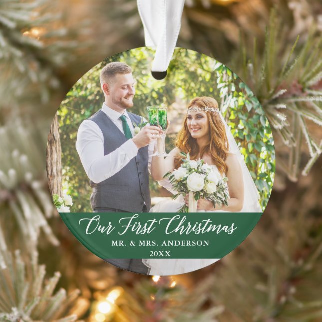 Elegante Kalligrafie Unser erstes Weihnachtsgrün Ornament (Baum)