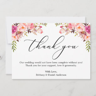 Elegante Kalligrafie Wasserfarbe Rosa Floral Dankeskarte