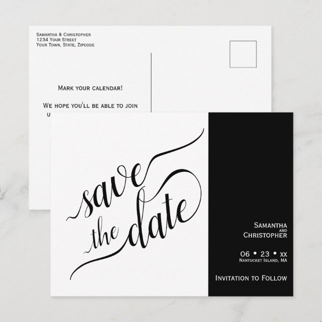 Elegante Kalligrafie White Wedding Save the Date Ankündigungspostkarte (Vorne/Hinten)