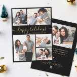 Elegante Kalligraphie 5 Foto Collage Weihnachten<br><div class="desc">Elegante Minimal Moderne Elegante Kalligrafie Schwarz und Gold 5 Foto Collage "Happy Holiday" Script Weihnachtskarte. Dieses festliche, minimalistische, skurrile 5 (5) Foto-Urlaubskarte-Template verfügt über eine hübsche Grid-Foto-Collage und sagt "Happy Ferien" ! Der Grußtext "Happy Holiday" ist in einer wunderschönen Hand geschrieben, Wirbler Swash-Schwanz-Schriftart-Typ in Gold auf schwarzem Hintergrund. Auf der...</div>