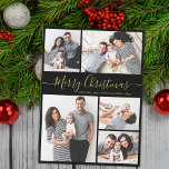 Elegante Kalligraphie 5 Foto Collage Weihnachten<br><div class="desc">Eleganter Minimal Moderne Elegante Kalligrafie Schwarz und Gold 5 Foto Collage Frohe Weihnachts-Script-Weihnachtskarte. Dieses festliche, minimalistische, skurrile 5 (5) Foto Feiertagskarte Template verfügt über eine hübsche Gitter Foto Collage und sagt "Frohe Weihnachten"! Der "Frohe Weihnachten"-Grußtext ist in einer schönen Hand geschrieben Wirble Swash-Schwanz-Schriftart-Typ in Gold auf schwarzem Hintergrund. Auf der...</div>