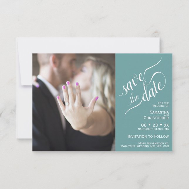 Elegante Kalligraphie Aquamarin 2 Pane Foto Hochze Save The Date (Vorderseite)