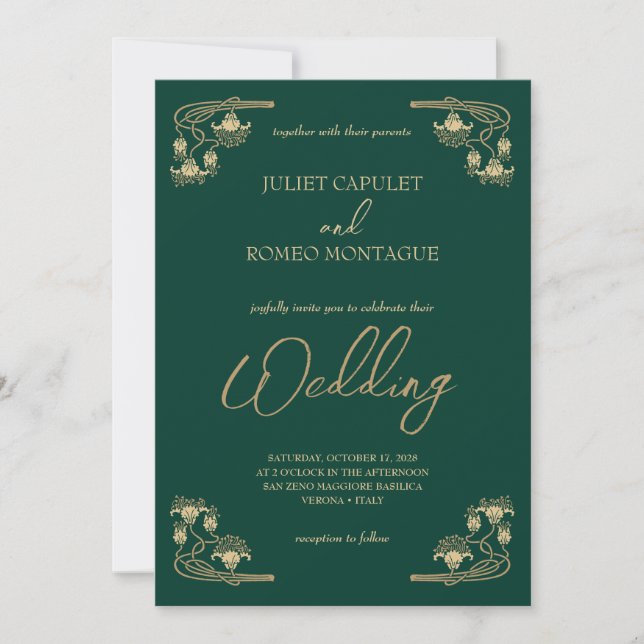 Elegante Kalligraphie & ArtDeco Gold & grüne Hochz Einladung (Vorderseite)