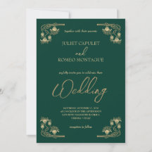 Elegante Kalligraphie & ArtDeco Gold & grüne Hochz