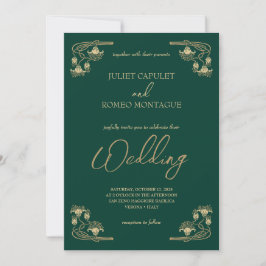 Elegante Kalligraphie & ArtDeco Gold & grüne Hochz Einladung