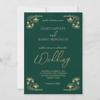 Elegante Kalligraphie & ArtDeco Gold & grüne Hochz Einladung