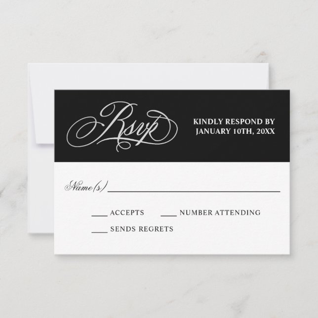 Elegante Kalligraphie auf Black Wedding RSVP (Vorderseite)