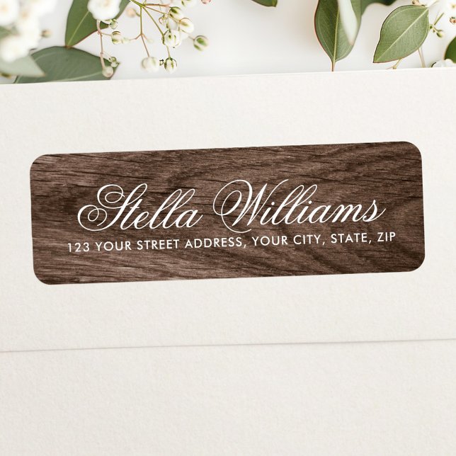 Elegante Kalligraphie aus braunem Eichenholz (Elegant brown oak wood grain calligraphy script label)