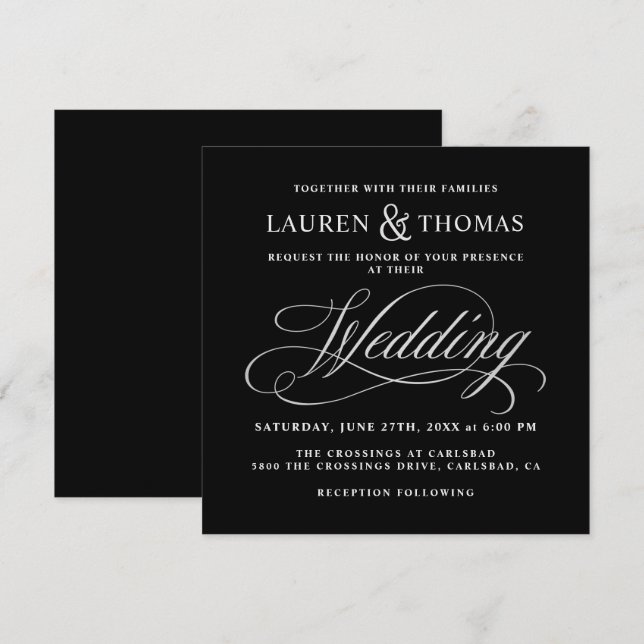 Elegante Kalligraphie Black and Silver Wedding Einladung (Vorne/Hinten)